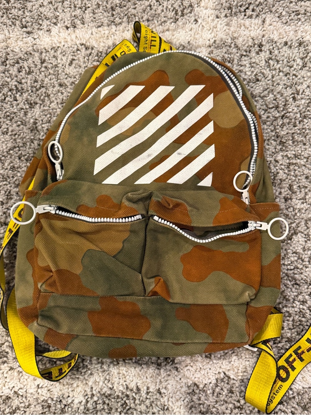 Off-White Camo Mini Backpack with Yellow Industrial Strap